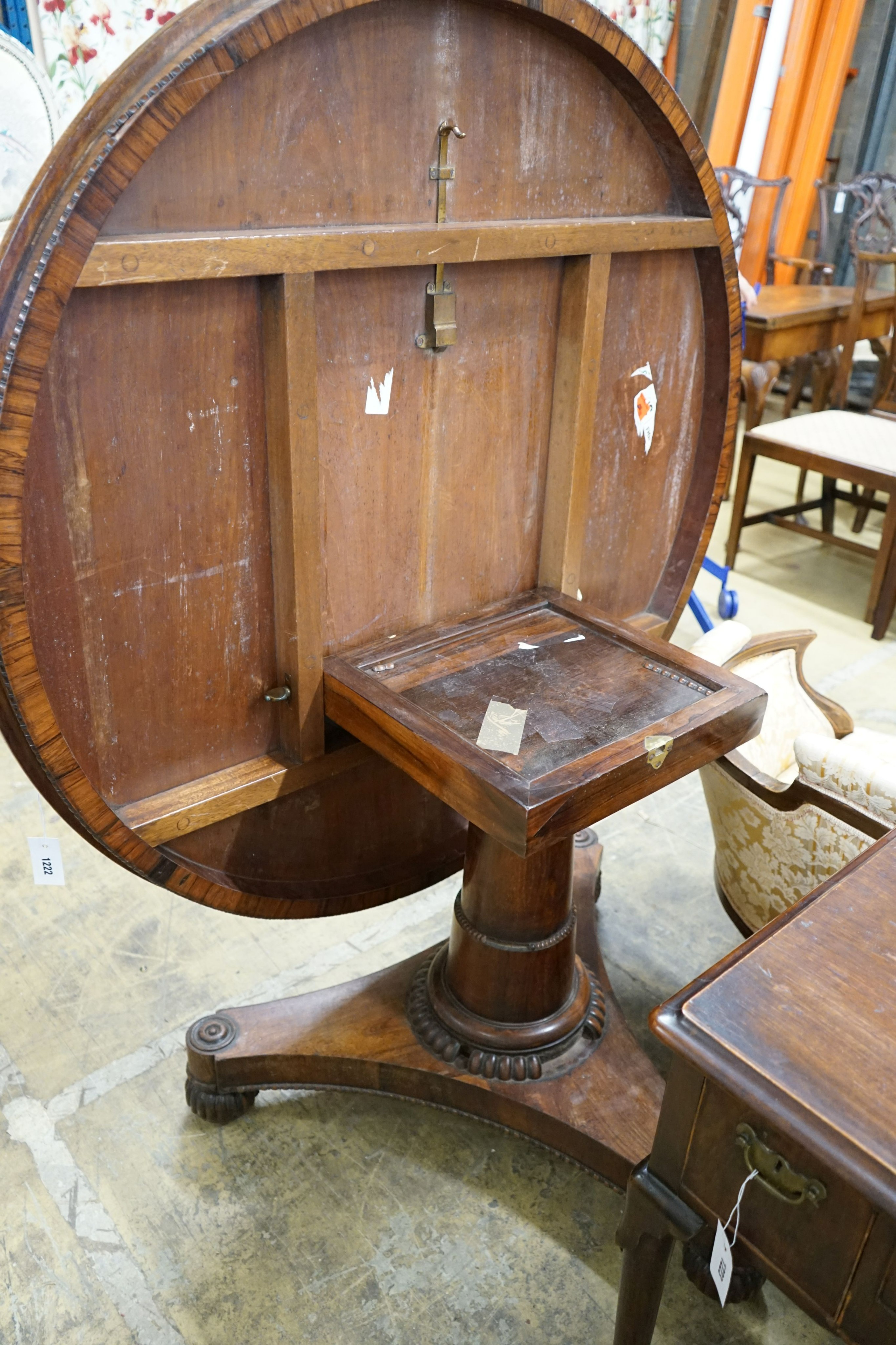 A Regency circular rosewood tilt top breakfast table, diameter 120cm, height 76cm